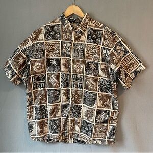 Vtg Reyn Spooner XL Hawaiian Shirt Tapa Block Print USA Cotton